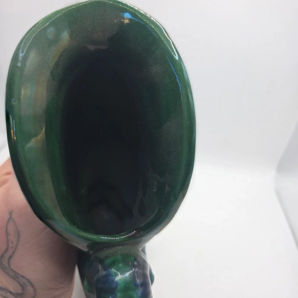 Vintage Iridescent Green Nautilus Shell Vase Ceramic Luster Coastal Art Pottery